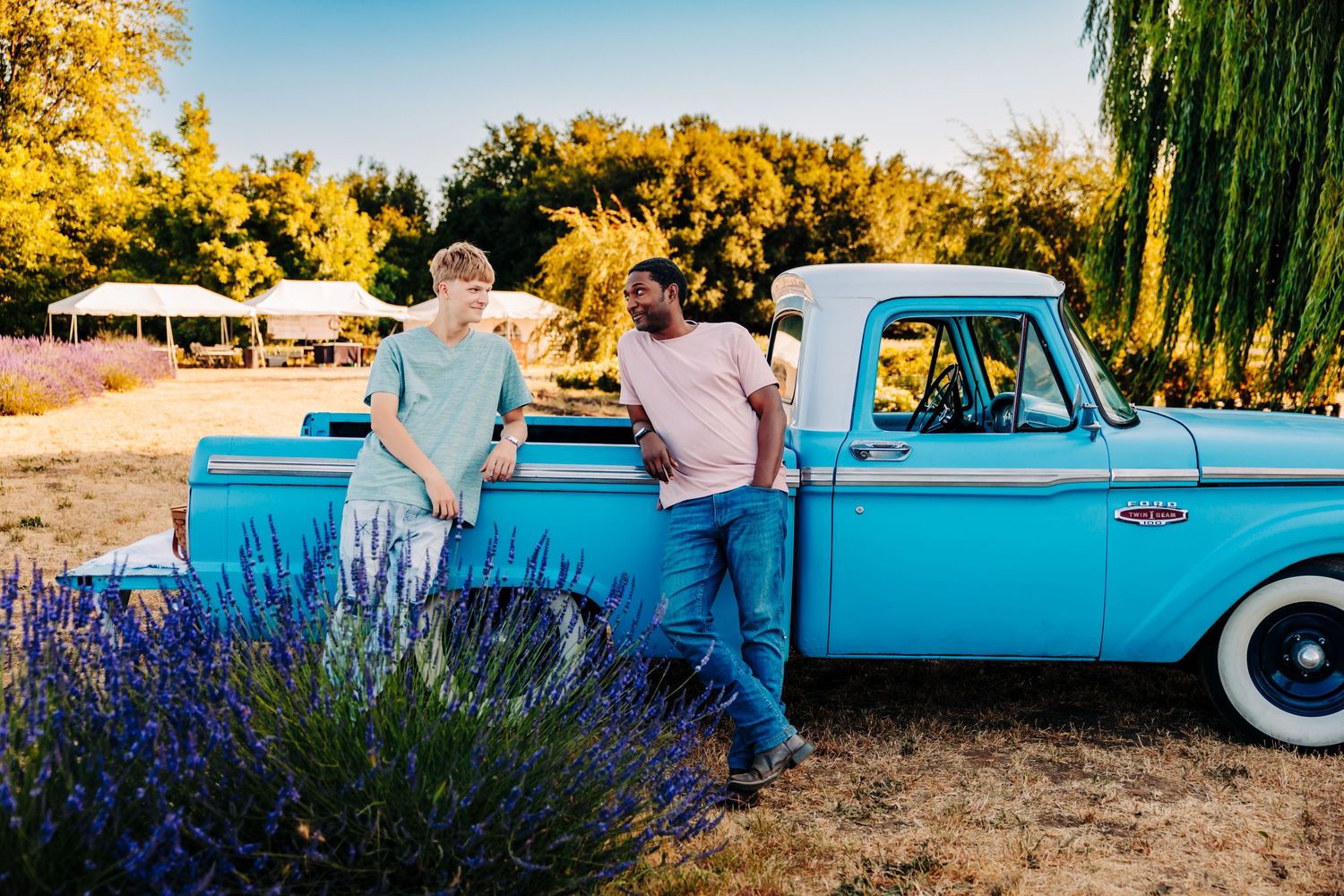 A vintage blue pickup truck parked in a golden field with lavender flowers and willow trees at sunset.