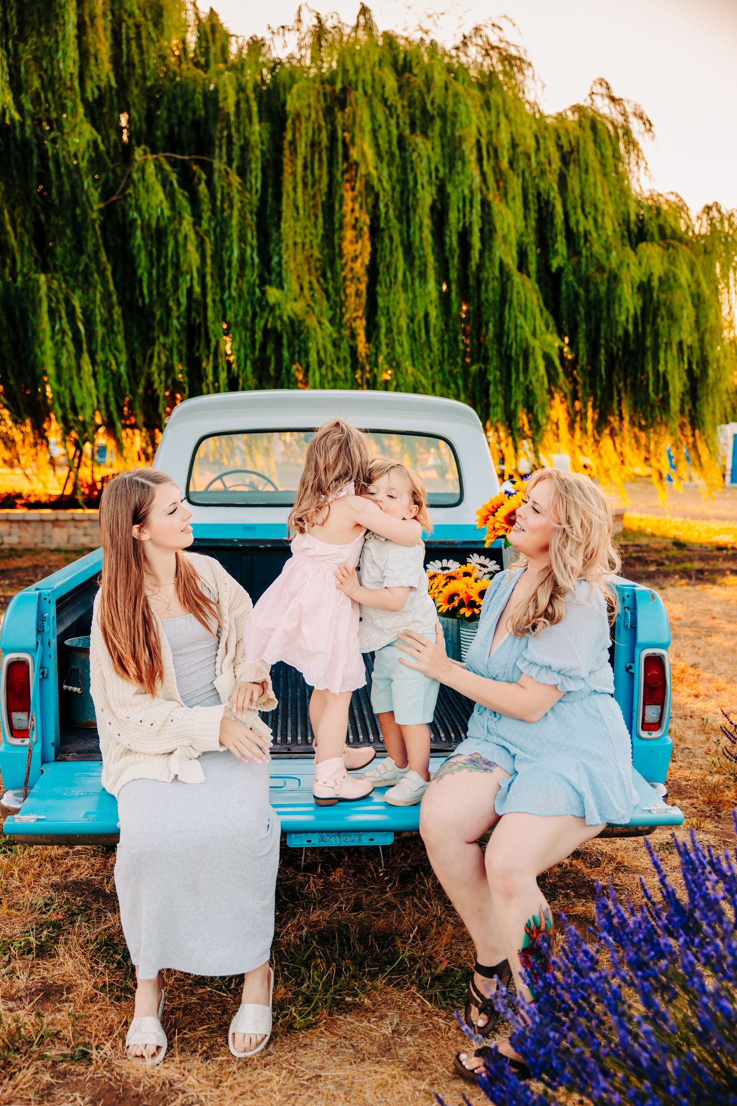 A vintage blue pickup truck parked near purple wildflowers and willow trees at sunset.