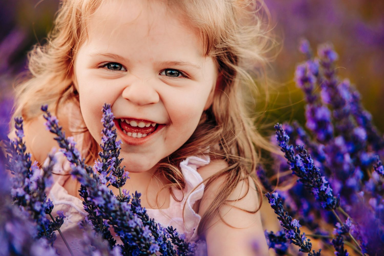 A joyful moment captured in a field of vibrant purple lavender flowers on a sunny day.