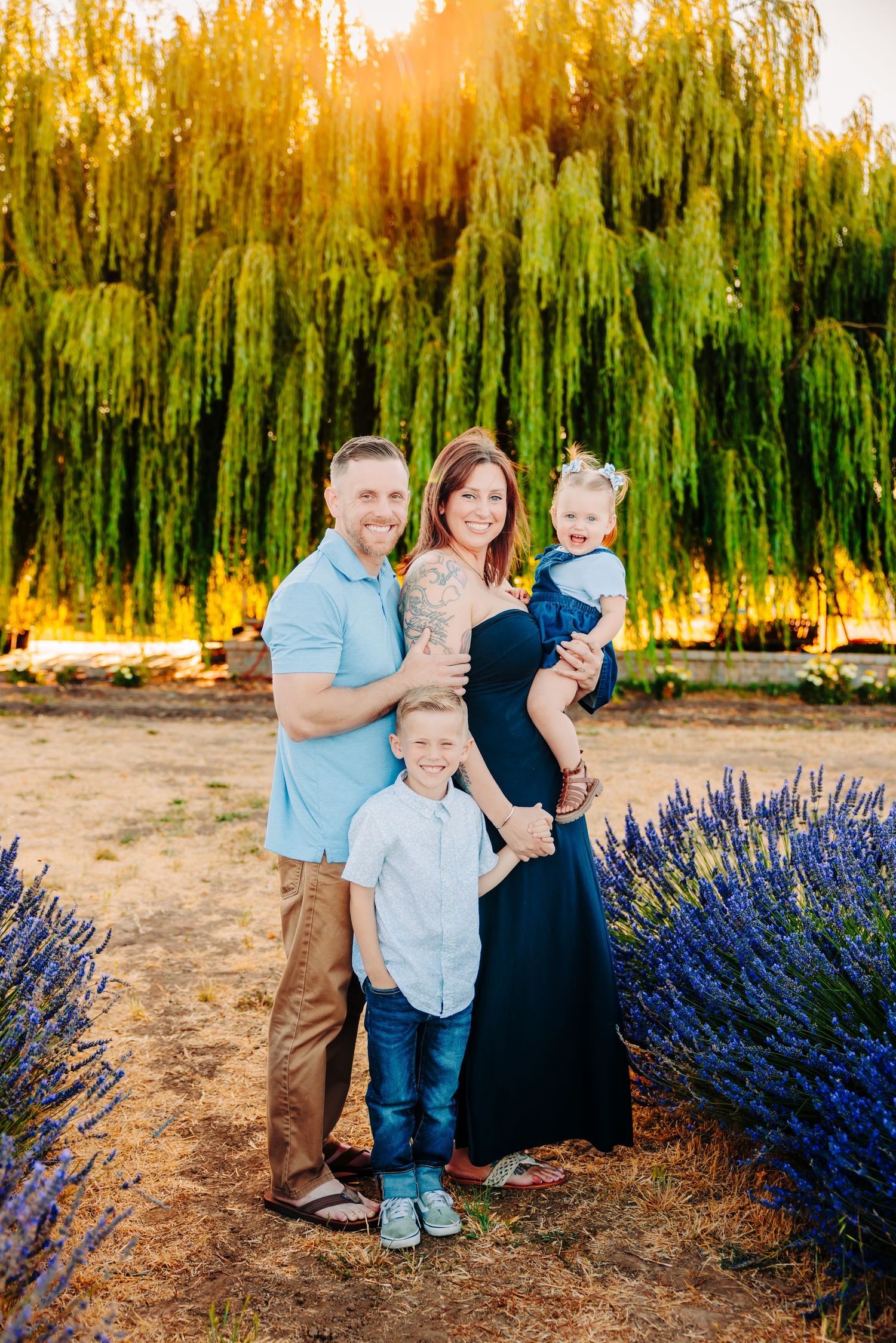 Family poses together in front of vibrant purple lavender and golden willow trees at sunset.