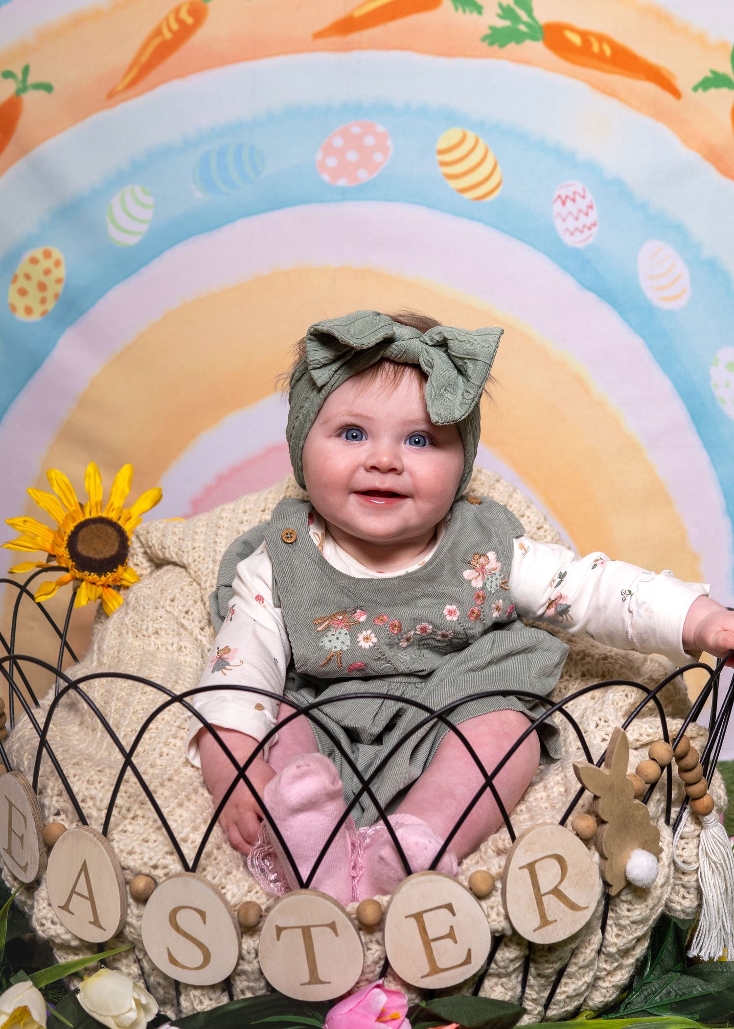 Easter photoshoot, decorated eggs, floral arrangements, and pastel colors in a spring holiday setting.