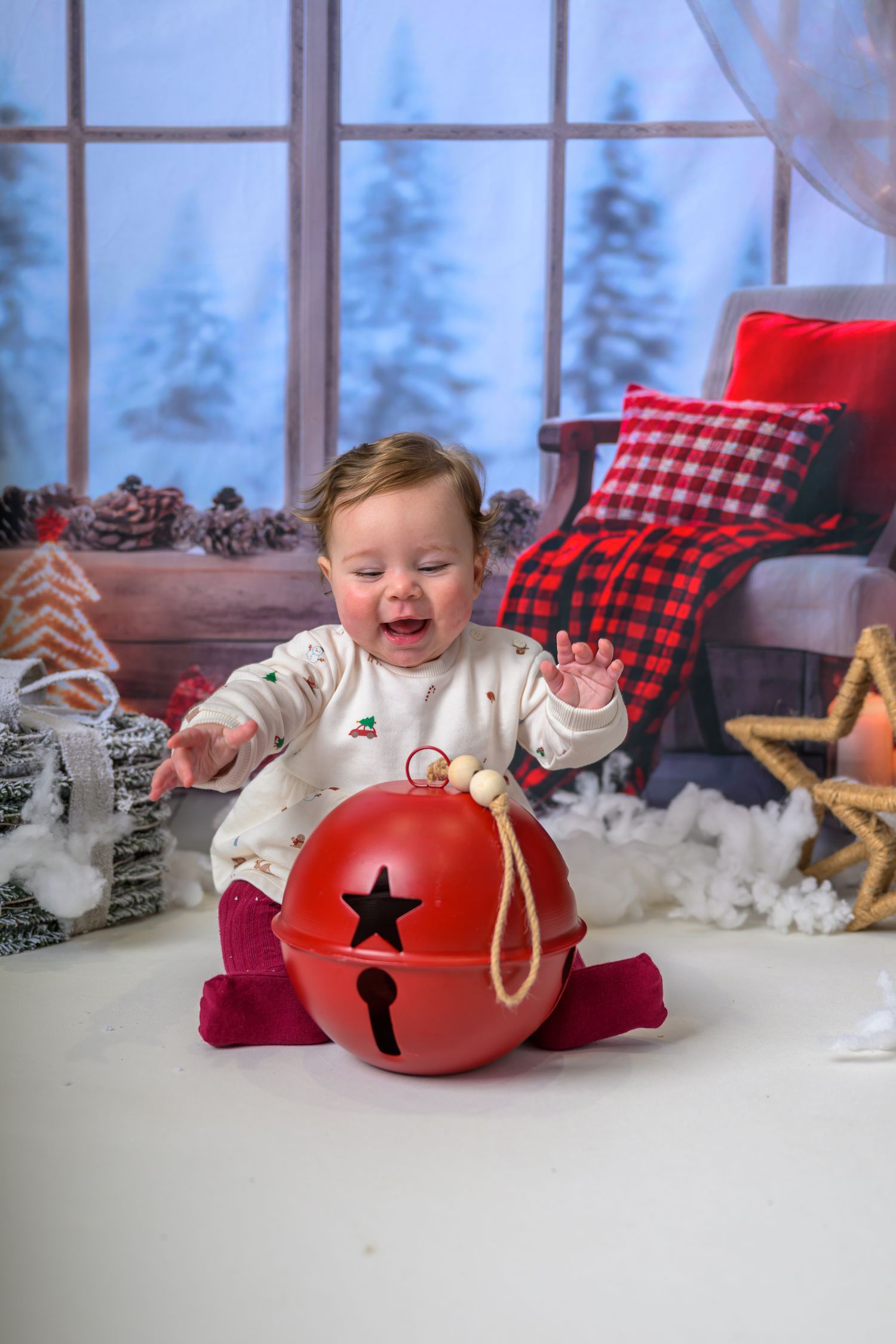Christmas Mini Session. Festive holiday scene with red jingle bells and buffalo plaid decor against a snowy winter window backdrop.