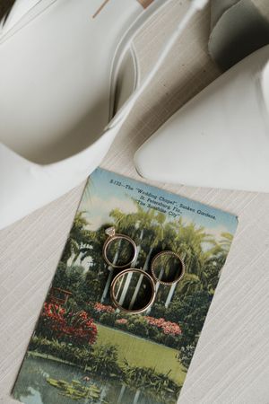 White wedding rings displayed on vintage postcards showing tropical garden scenes.