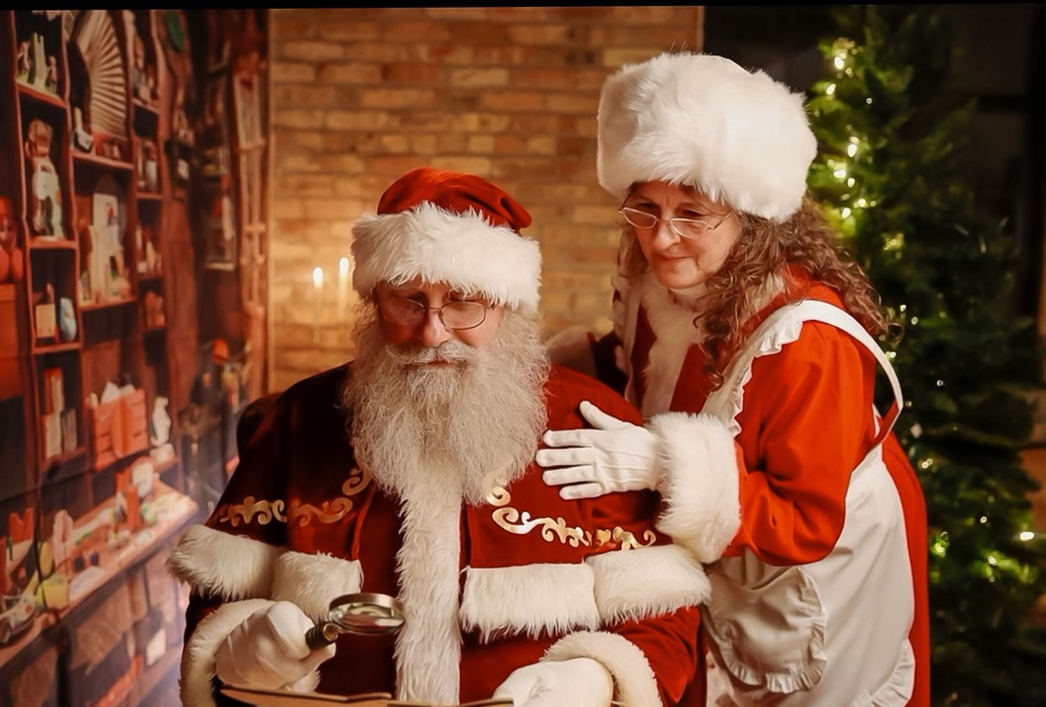 Santa Claus sits at a wooden desk reading letters near a decorated Christmas tree and brick wall.