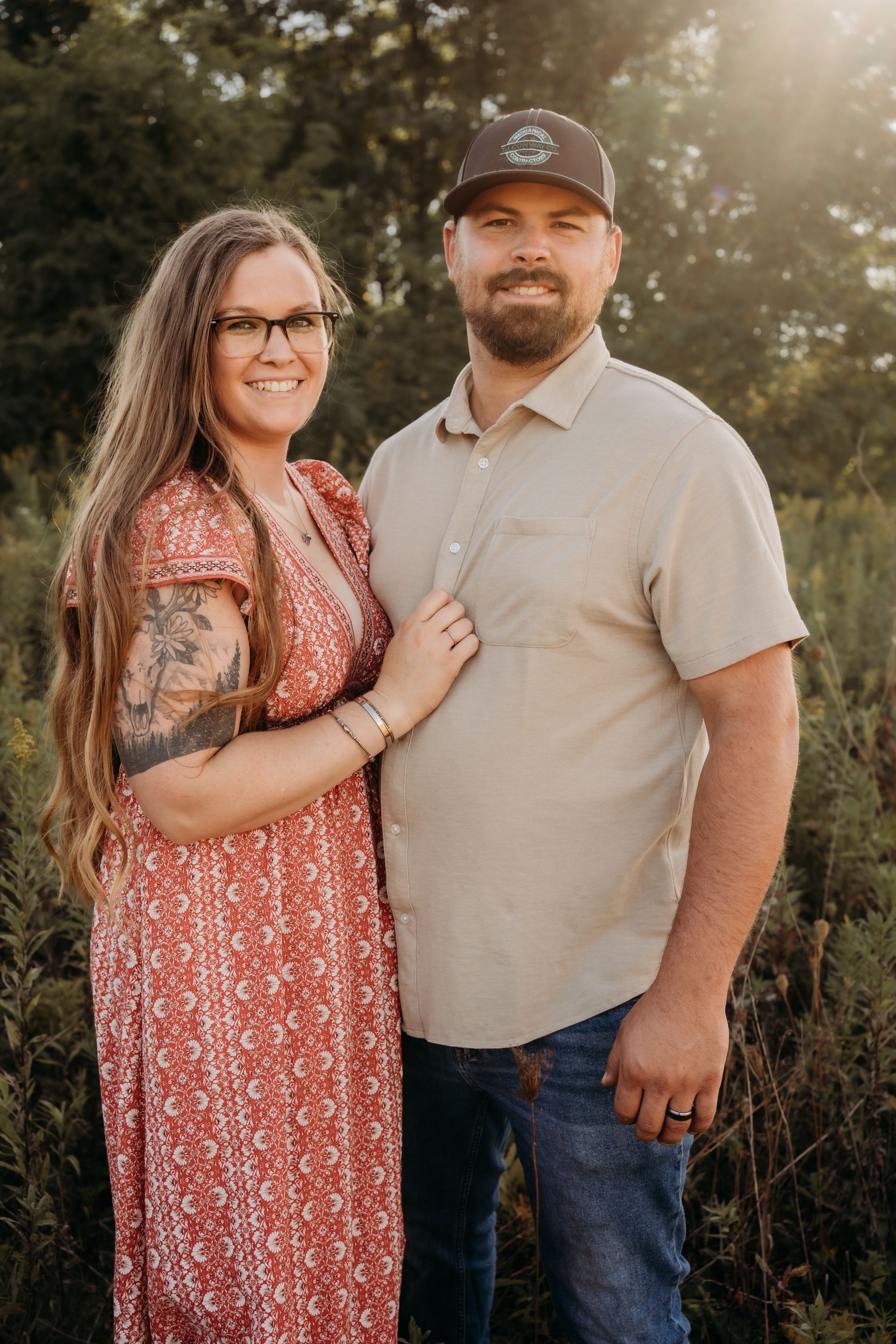 Candid outdoor family portrait series showing casual poses and natural interactions in warm evening light.