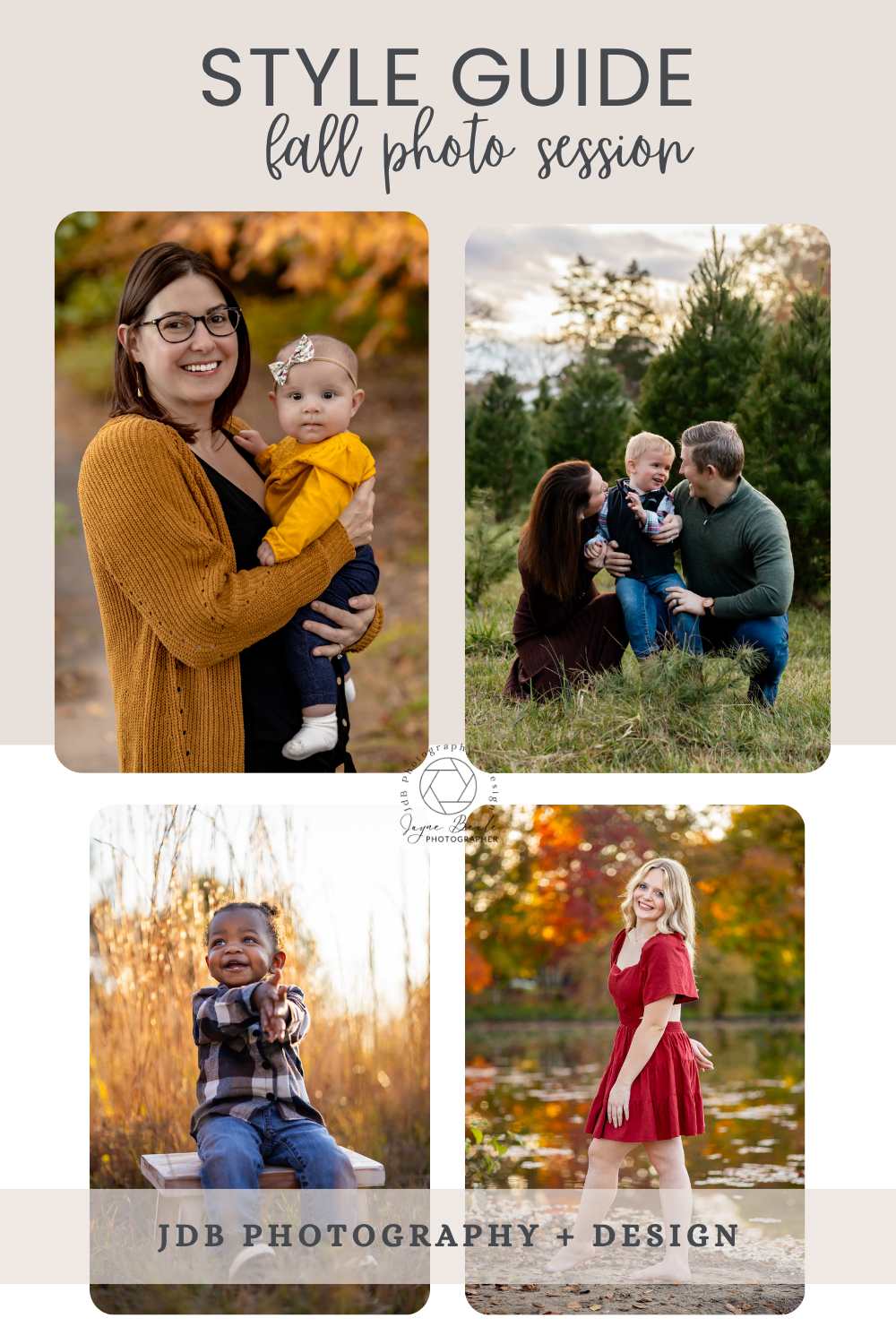 Style guide photo collage showcasing outdoor autumn family photography with warm rust and navy tones in natural settings.