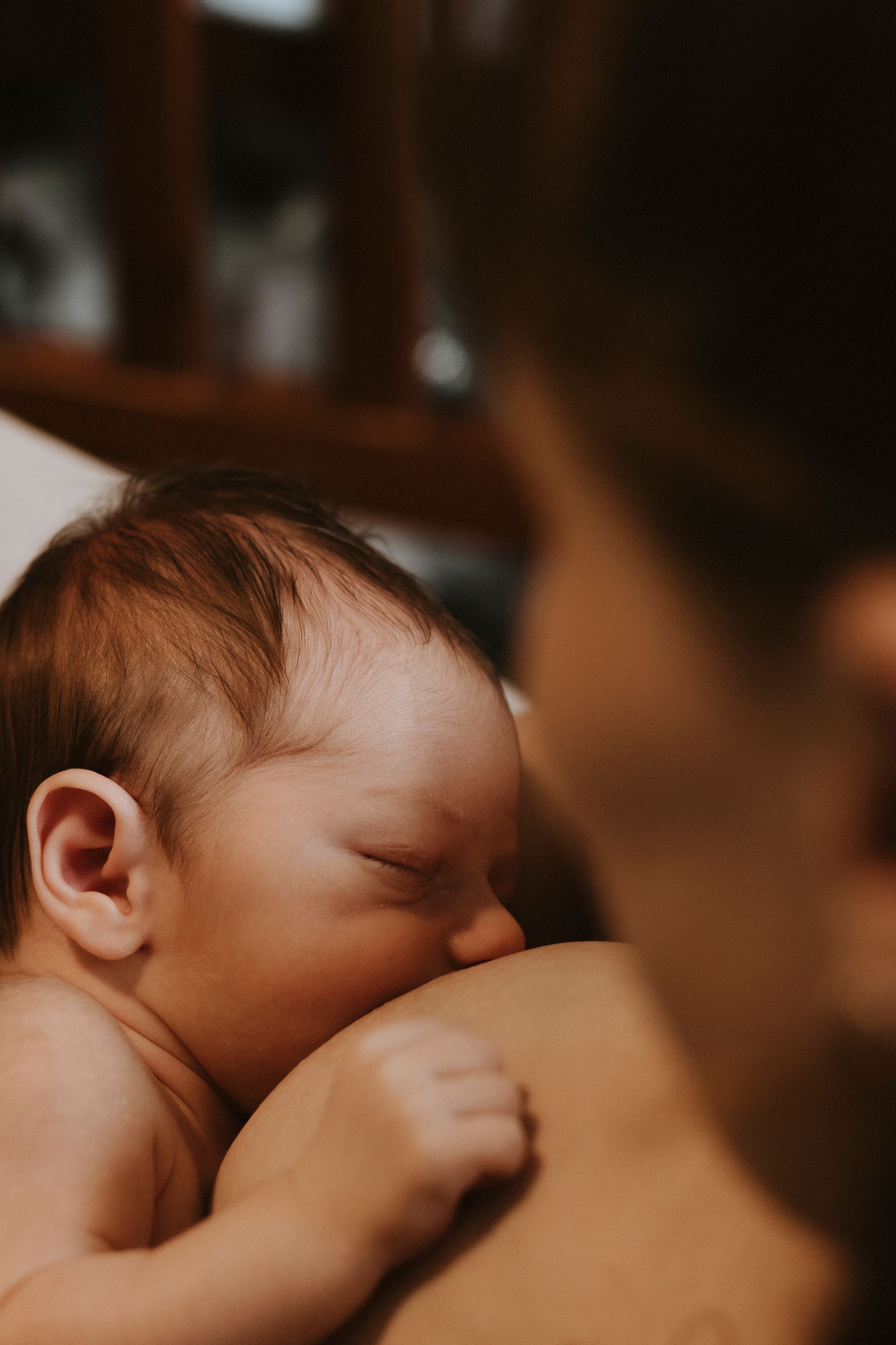 An intimate close-up of a newborn baby nursing in warm, natural light.