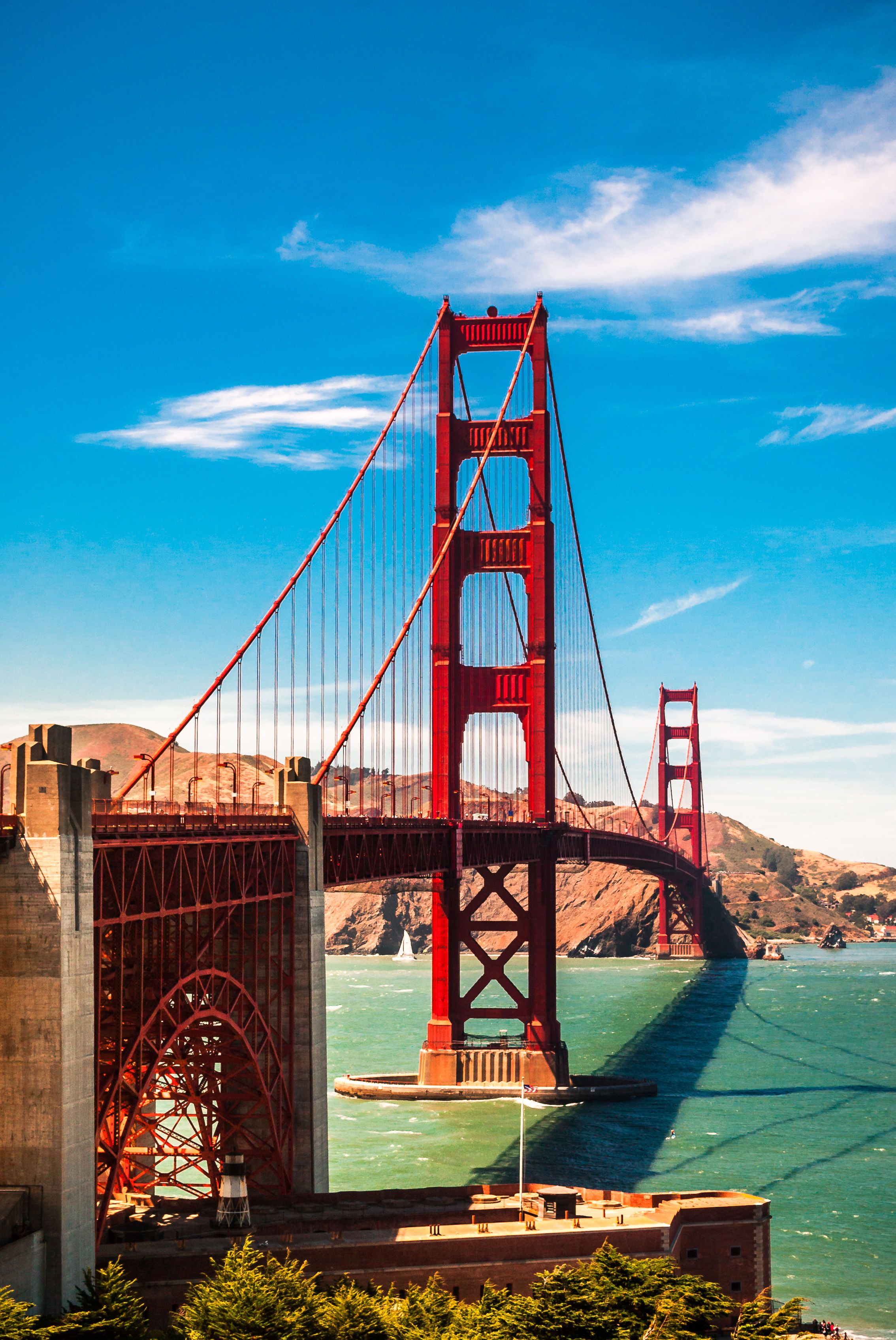 Six sequential photos capturing different angles of the iconic Golden Gate Bridge in San Francisco Bay against a bright blue sky.