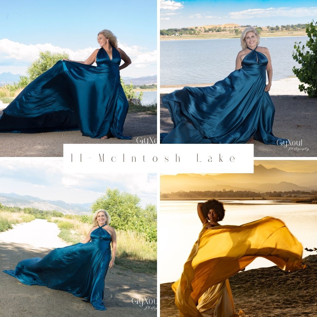 Long flowing teal gown billows dramatically in the wind against scenic lakeside and beach backdrops during an outdoor photoshoot.