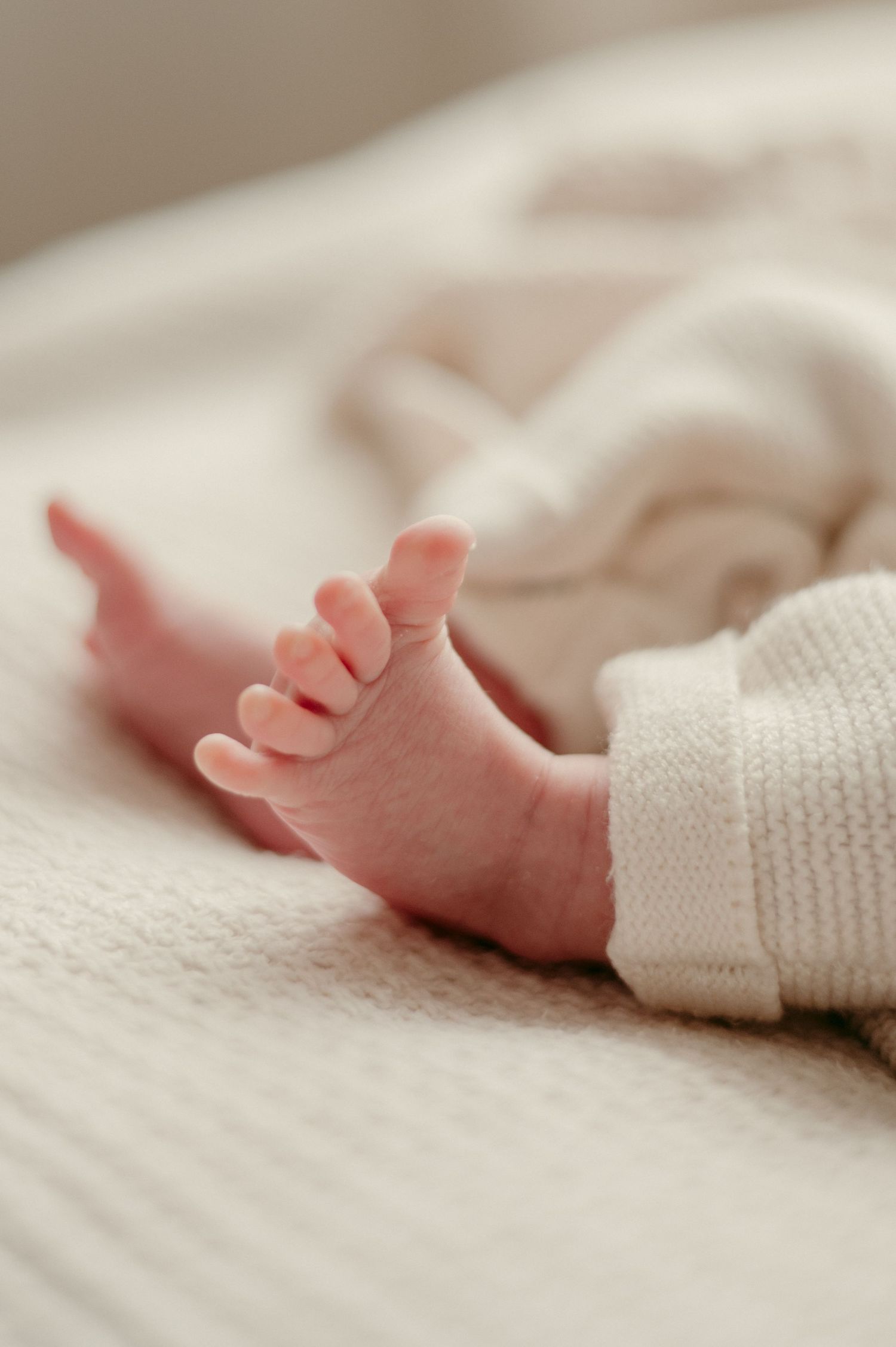 Close-up of tiny newborn baby feet wrapped in soft white fabric on a bed.