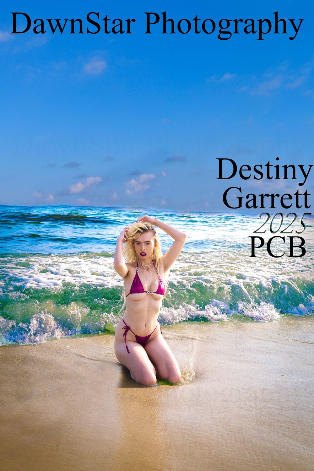 Coastal beach scene with crashing waves and bright blue sky at Panama City Beach.