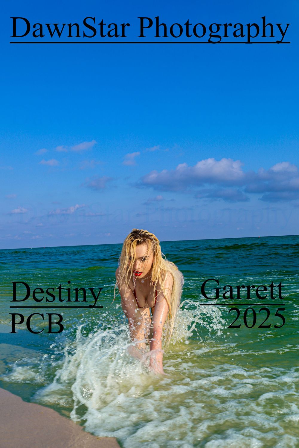 A series of ocean wave splashes along a beach shoreline with bright blue sky and white clouds in Panama City Beach.