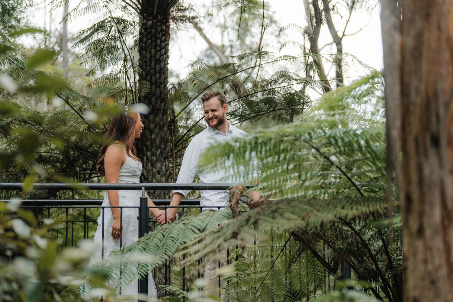 A couple stands together on an elevated walkway through a scenic fern forest.