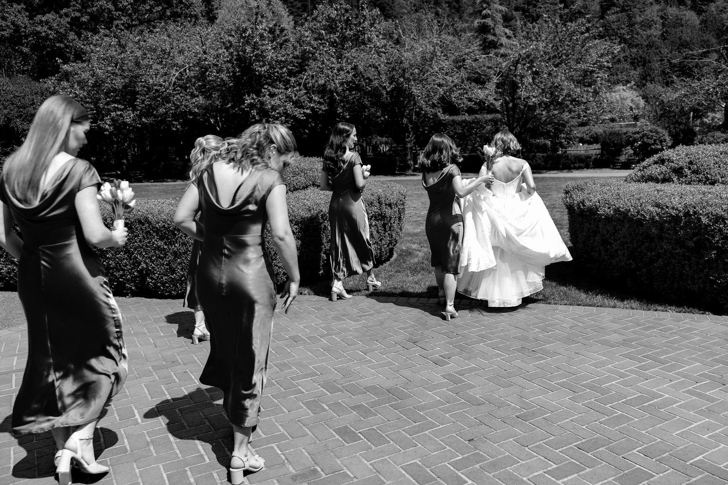 Black and white photo of bridesmaids in dark dresses following a bride in white gown along a garden path.