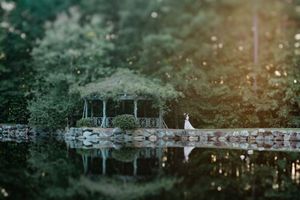 A dreamy wedding venue shot across a serene lake with reflections creating a mirror-like effect.