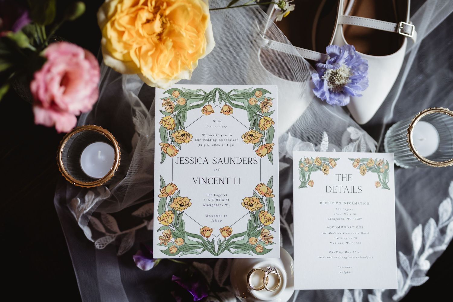 A sequence of elegant wedding invitations and floral decor arranged with rings and soft petals on a neutral surface.