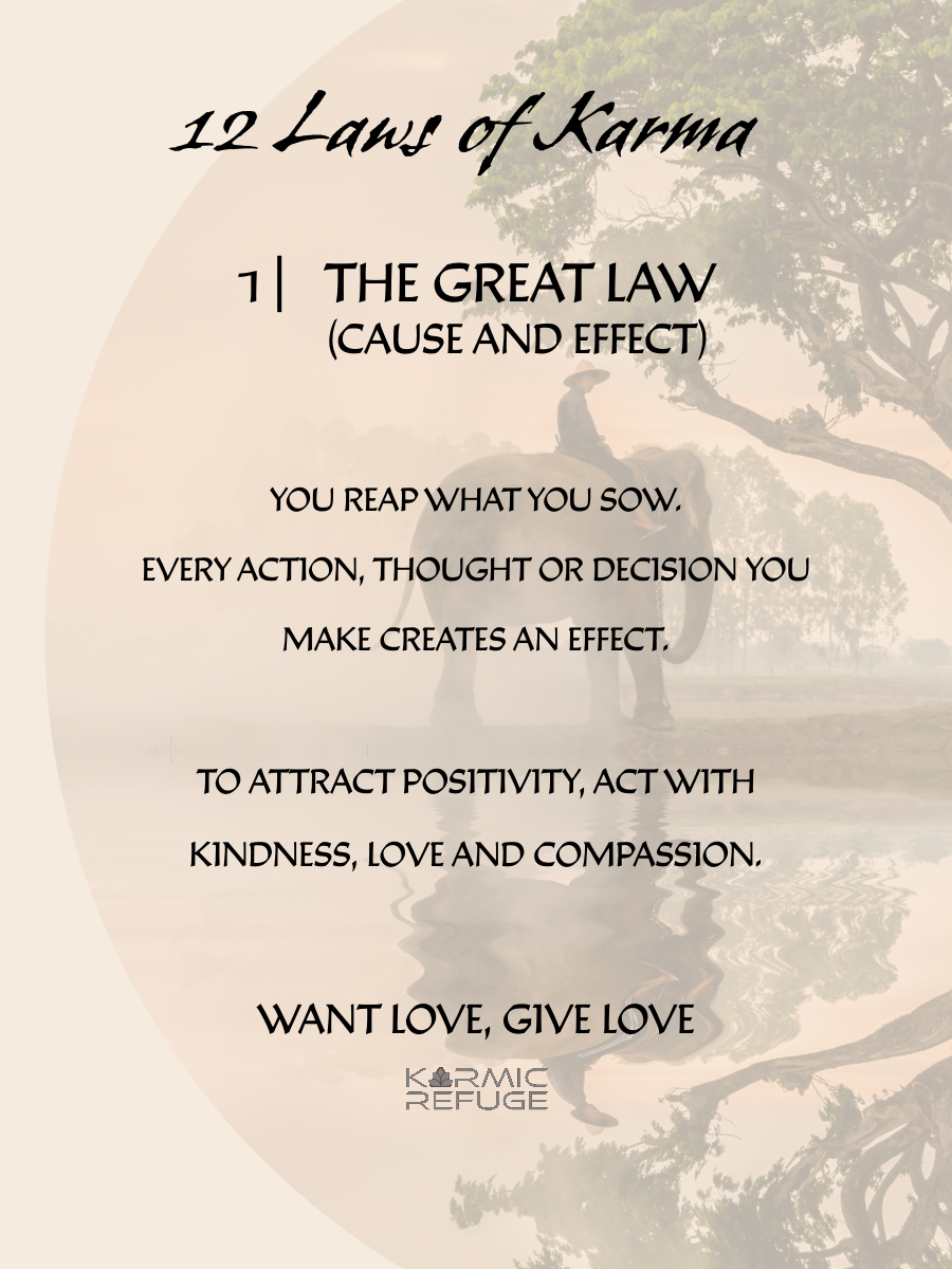 An inspirational quote card about karma and positivity displaying 'The Great Law' with a serene nature background.
