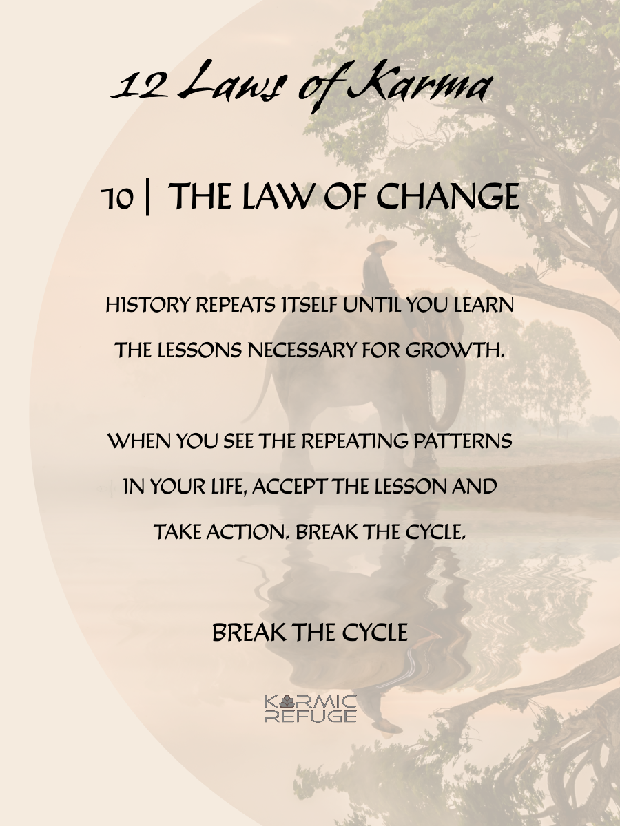 Inspirational quote about the Law of Change from 12 Laws of Karma displayed on a beige background with tree silhouette.
