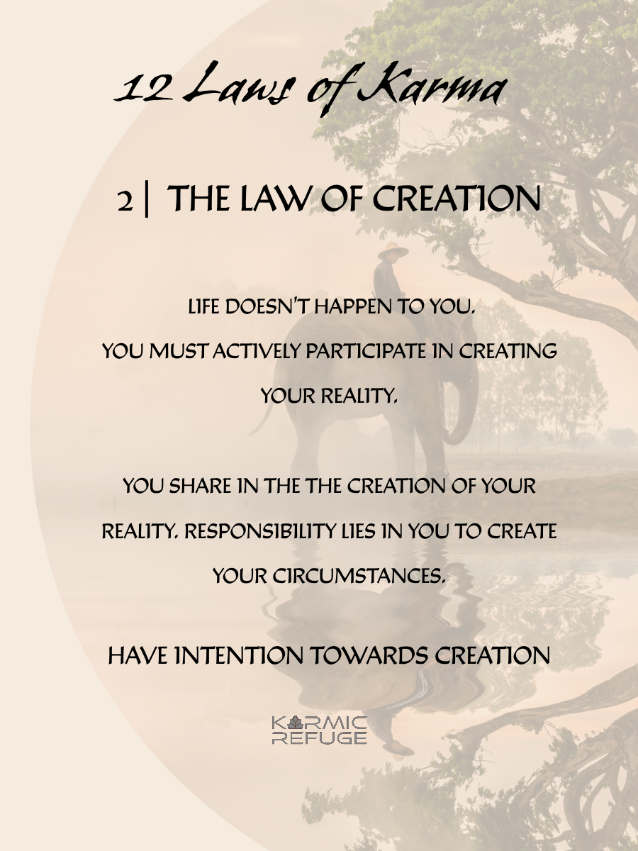 Text graphic showing '12 Laws of Karma' with spiritual wisdom about life creation and intentional participation.