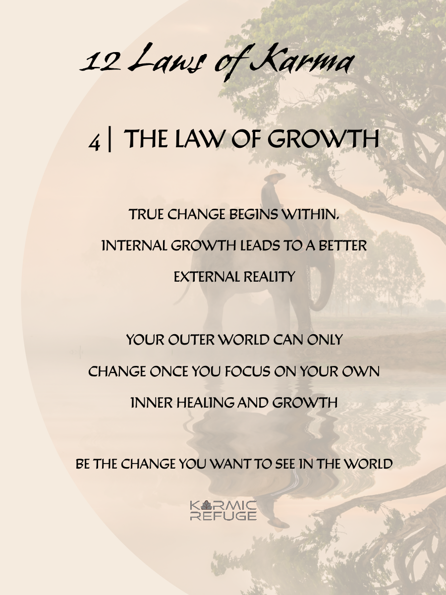 Inspirational quote titled 12 Laws of Karma about inner growth and change leading to external reality transformation.