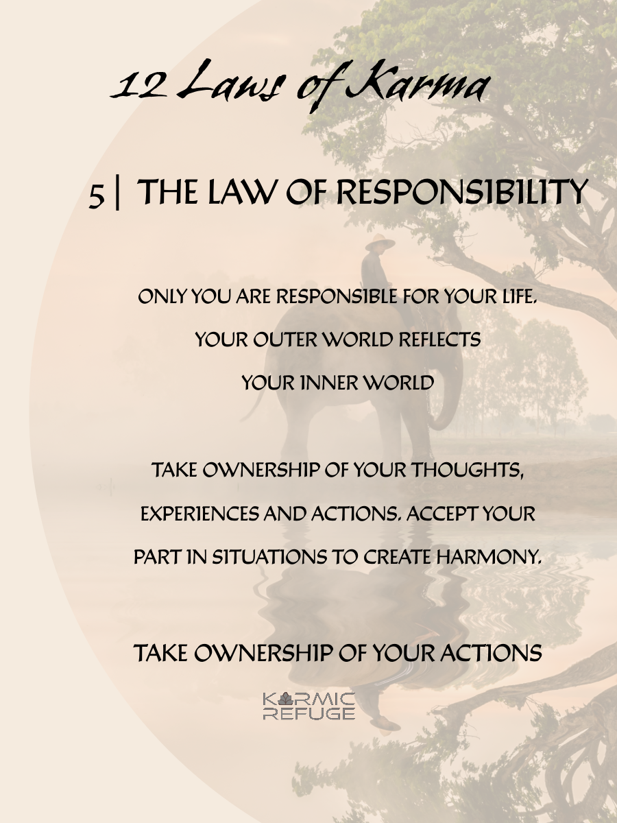 A motivational quote image stating Law of Karma with text about responsibility and ownership against a blurred background.
