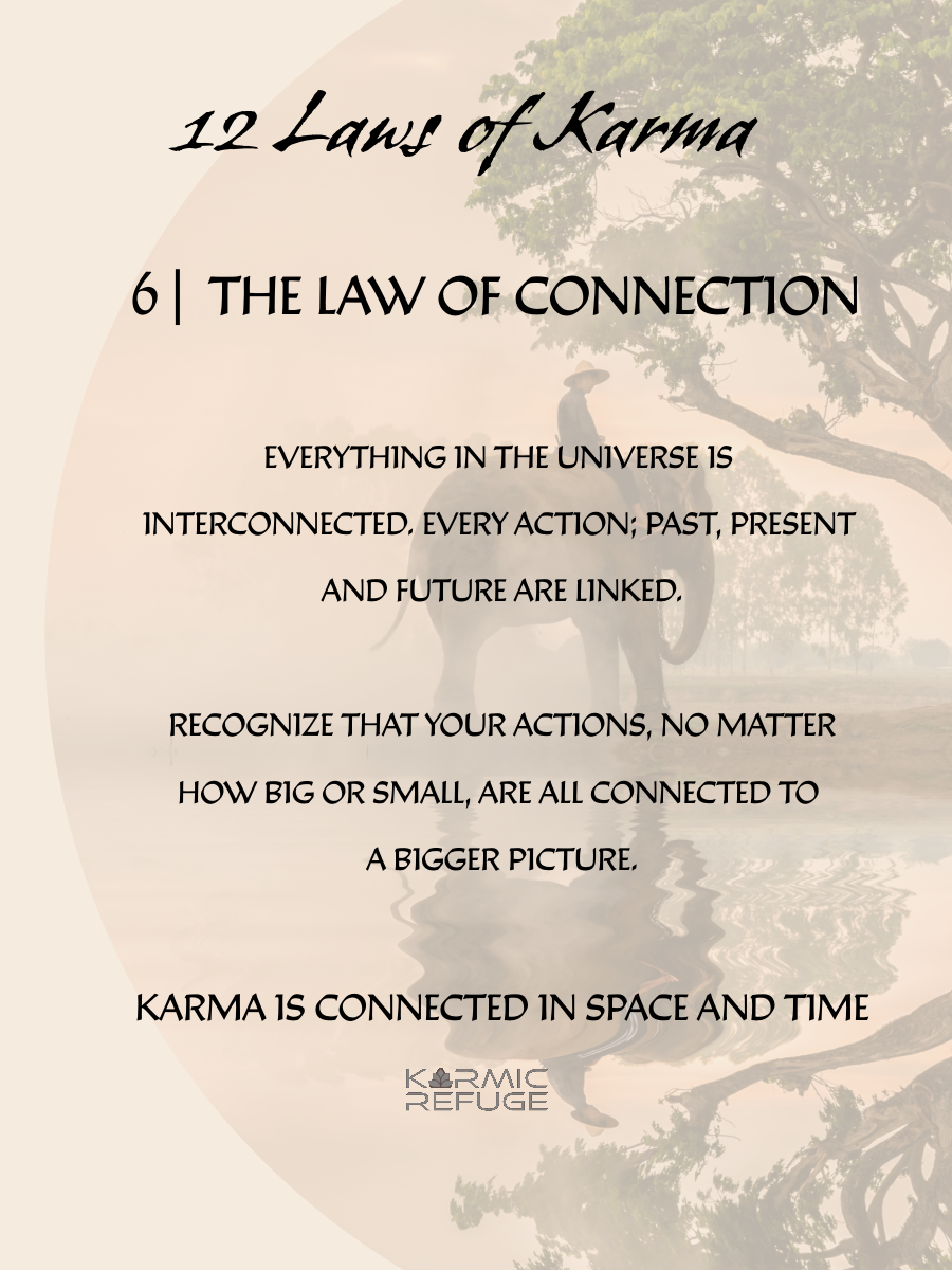 A spiritual text page showing 'The Law of Connection' from the 12 Laws of Karma discussing universal interconnectedness.
