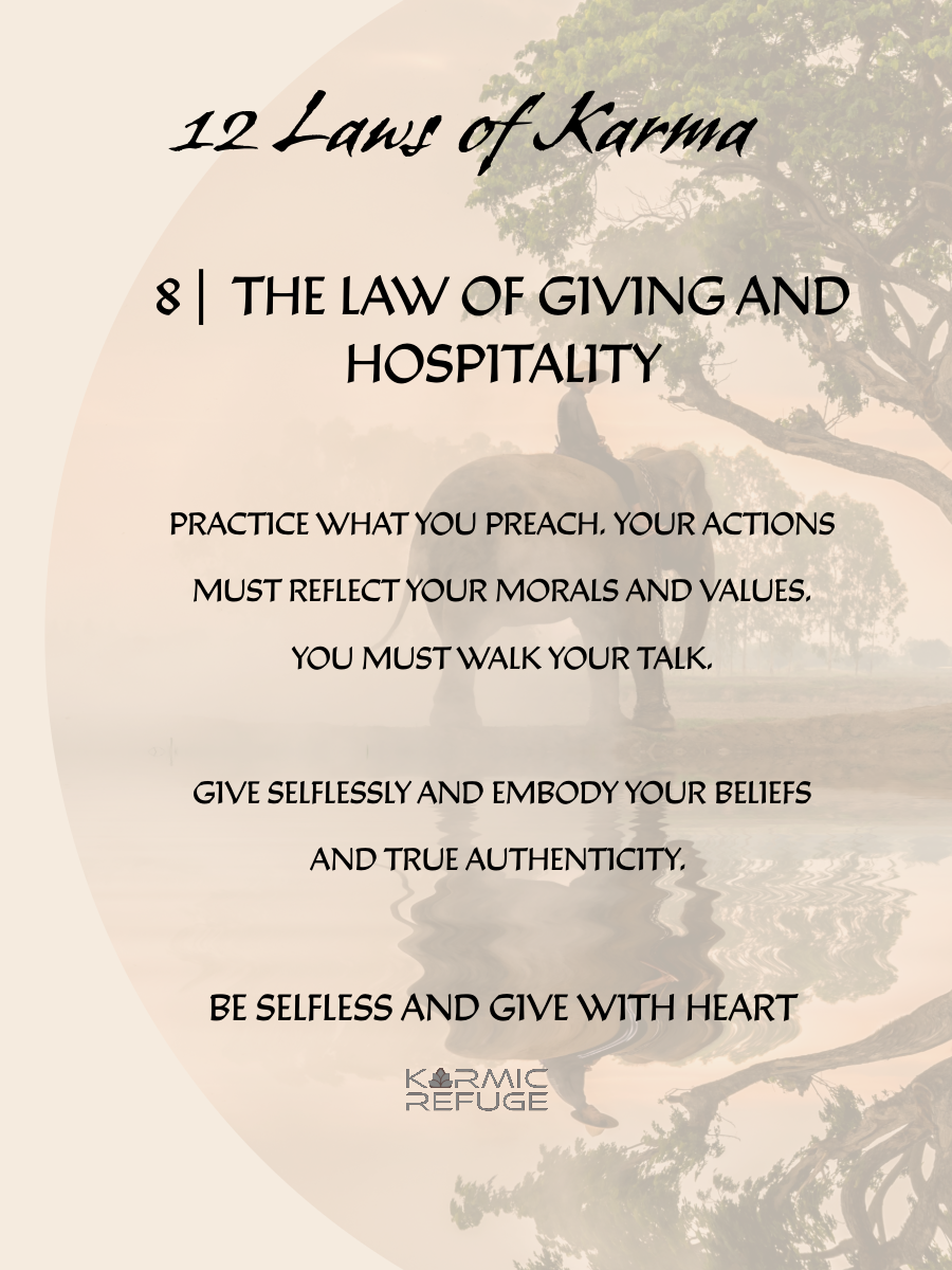 Four images depicting spiritual text about laws of karma, giving, hospitality and morality on rustic cream backgrounds.