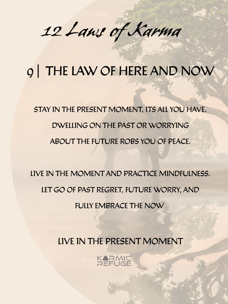 A motivational quote about living in the present moment overlaid on a muted background with a tree silhouette design.