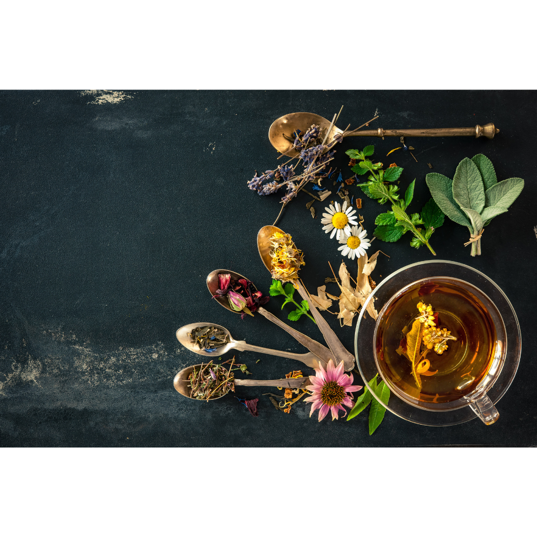 A cup of herbal tea with honey dipper, spices, and fresh flowers arranged on a dark rustic background.