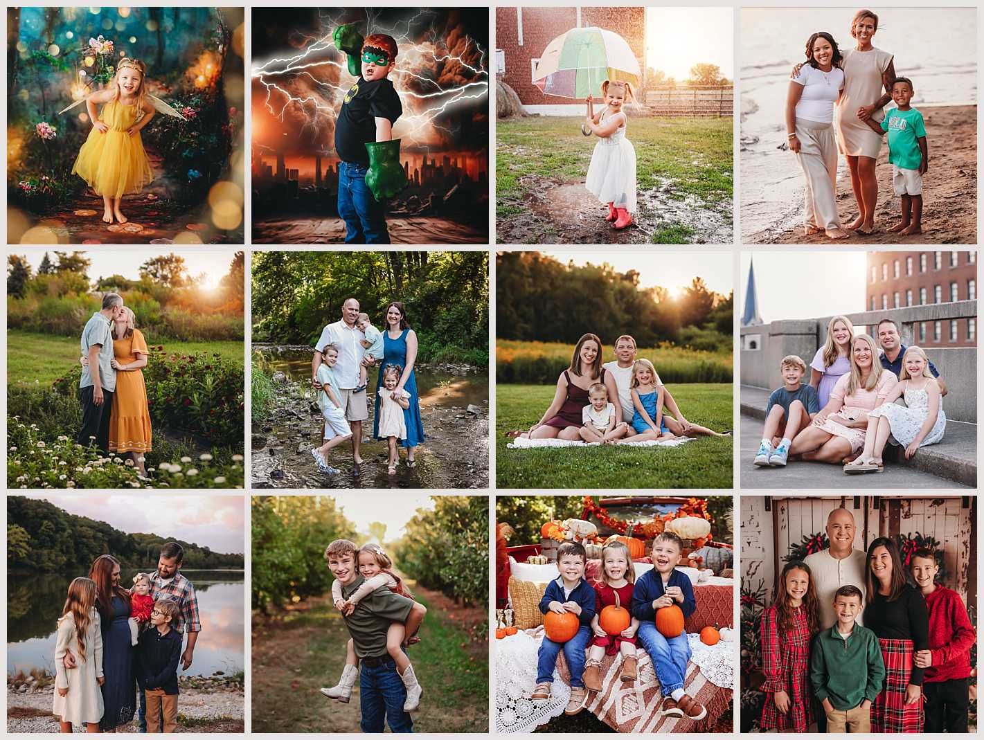 A collection of outdoor family portrait photographs featuring warm sunset lighting and casual poses in natural settings.