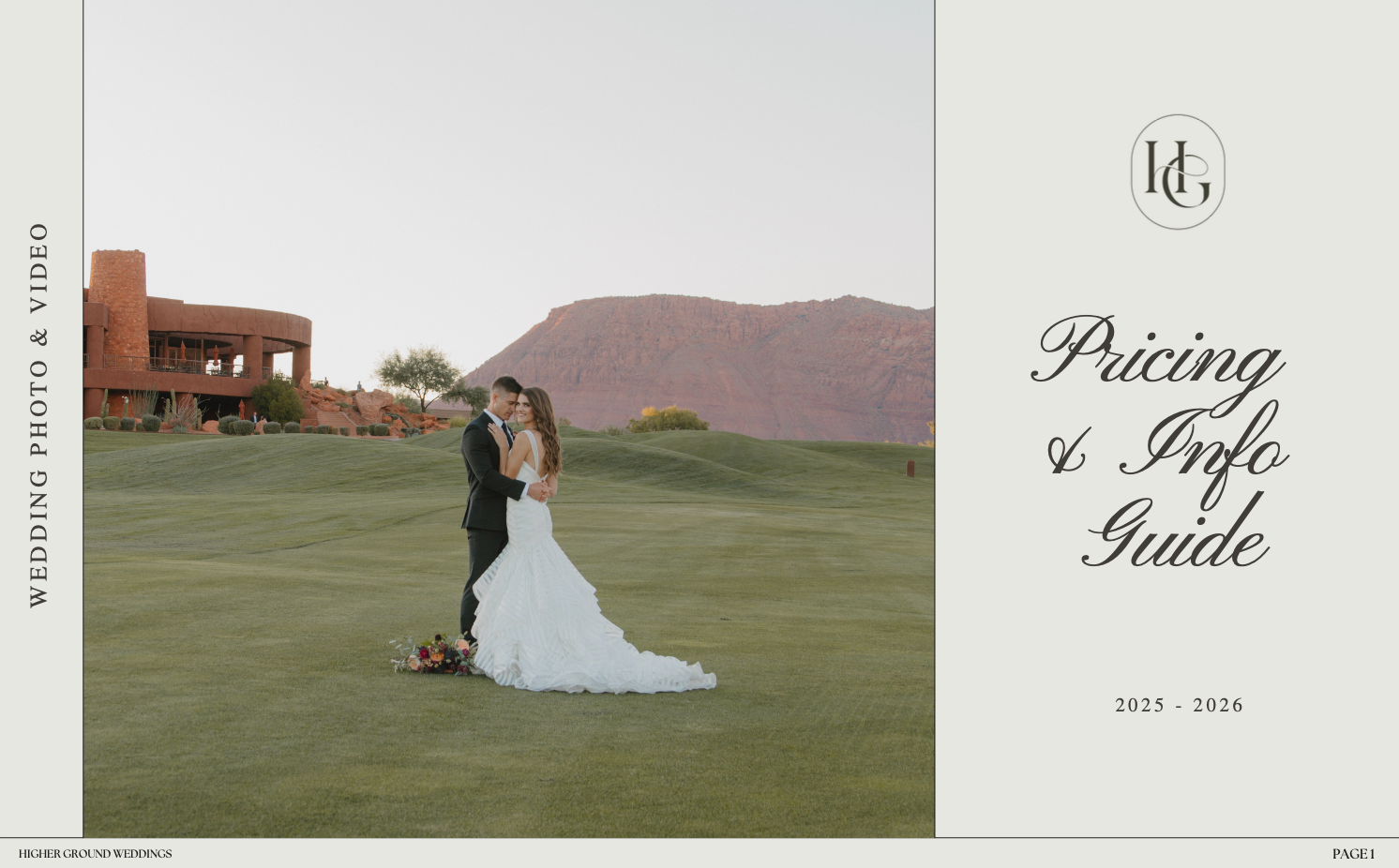A wedding photography pricing guide booklet shown with elegant page layouts and scenic outdoor venue photos.