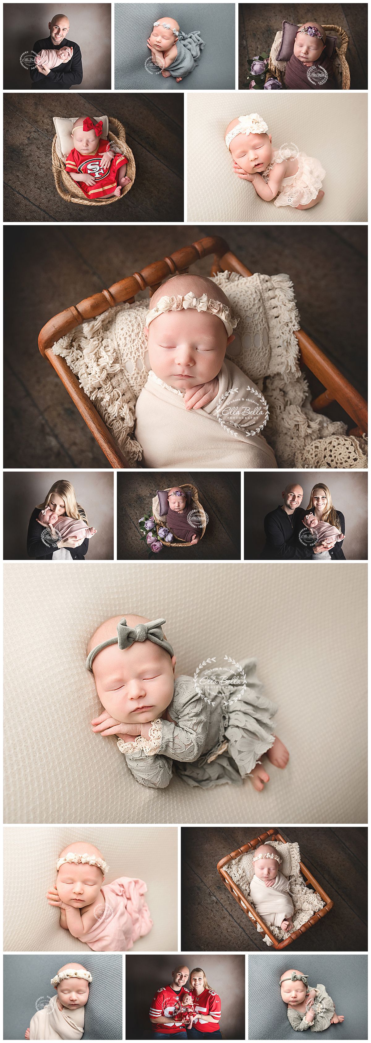 A collection of newborn photography portraits featuring delicate poses with soft fabrics and vintage wooden props.