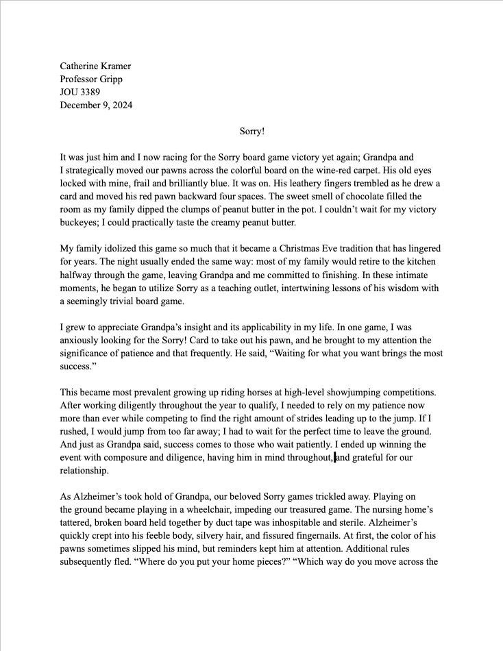 Printed college essay titled Sorry discussing board games family traditions and lessons learned from a grandfather.