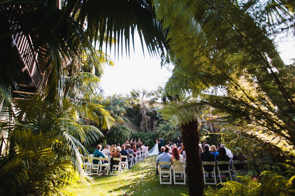 Rows of white chairs arranged on a lush green lawn surrounded by tropical palm trees for an outdoor ceremony.
