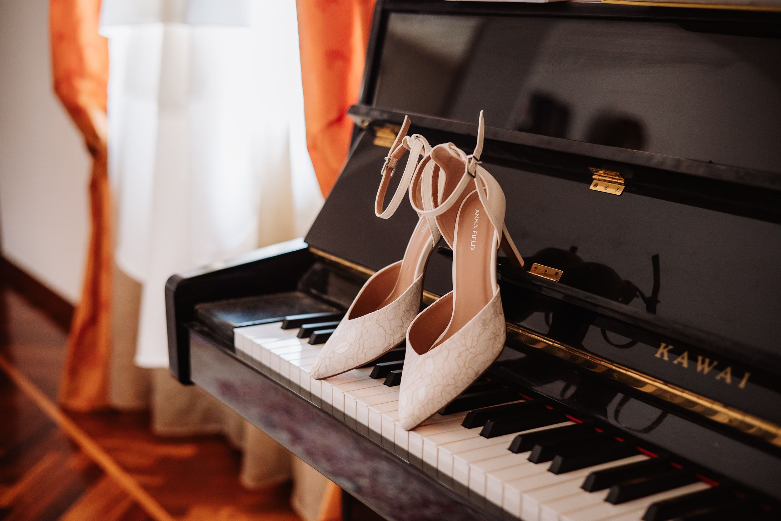 Close-up view of piano keys and sheet music in warm lighting with multiple angles shown.