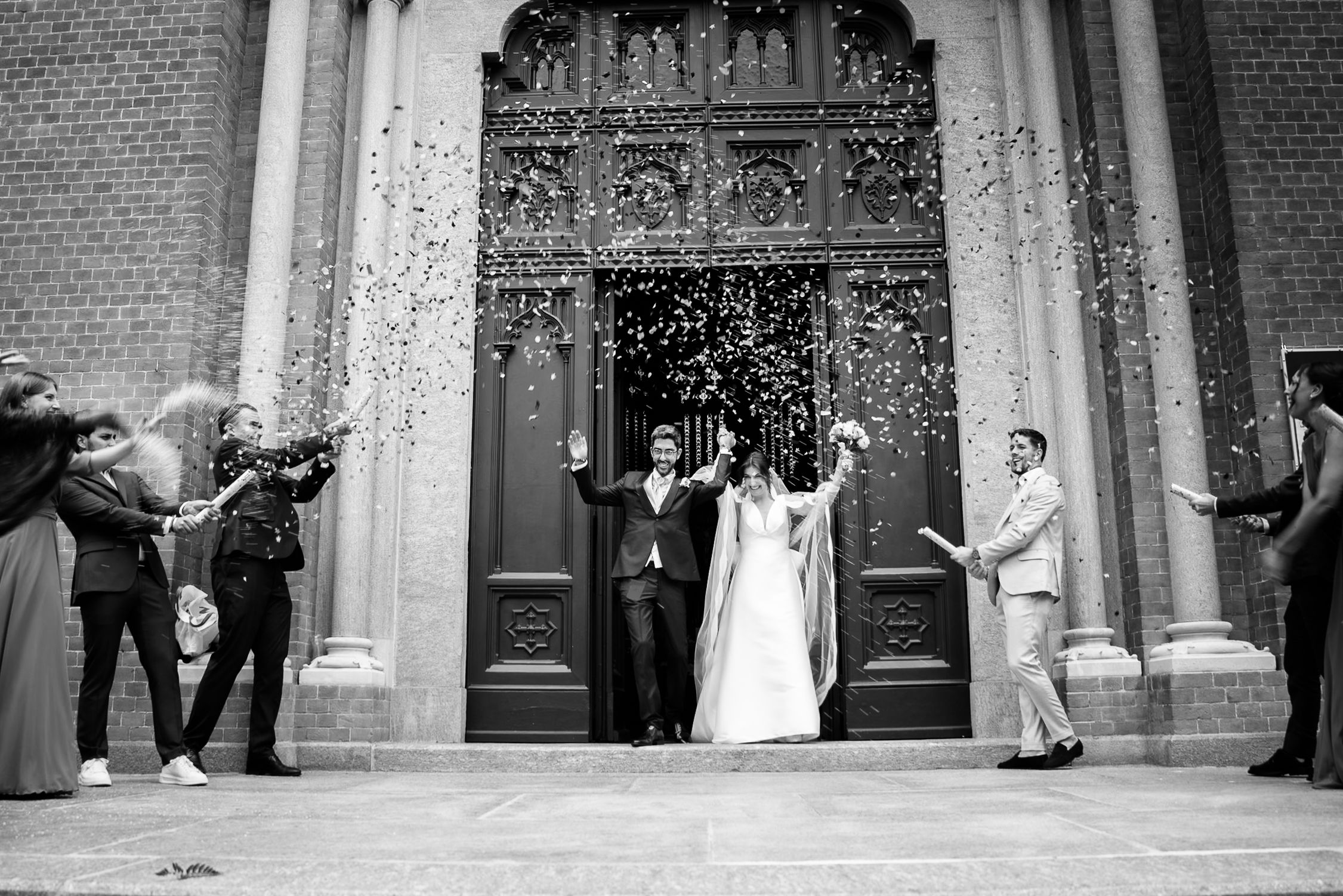 A sequence of wedding photos showing couples posing in front of ornate church doors and architectural details.