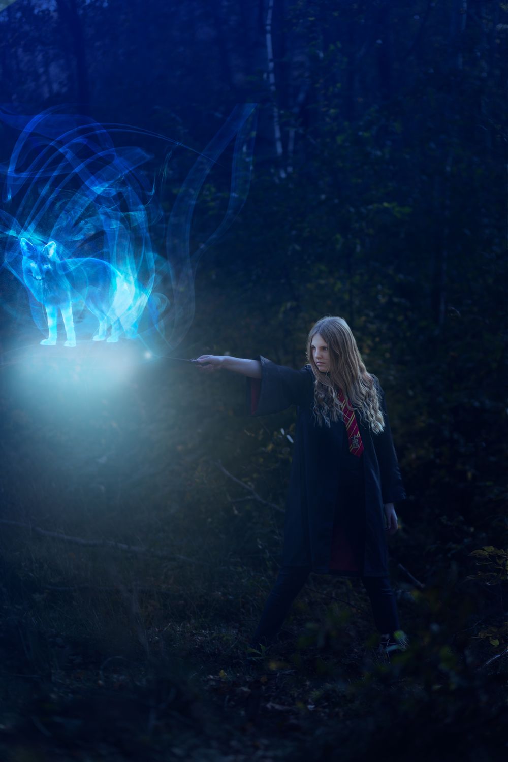 A dark forest scene illuminated by ethereal blue glowing lights creating a mystical atmosphere in the night.