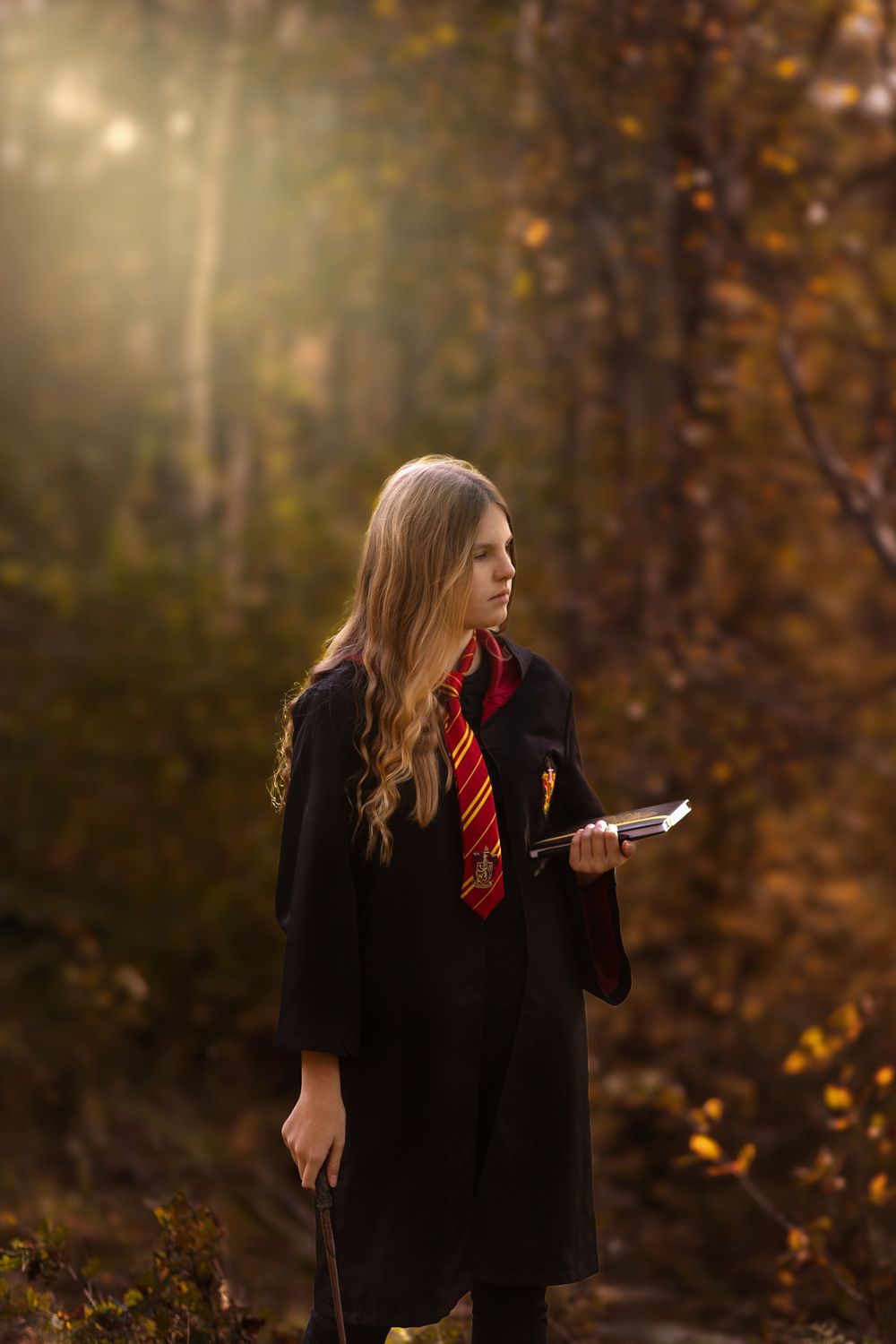 A person in a black coat walks through an autumn forest with golden sunlight filtering through the trees.
