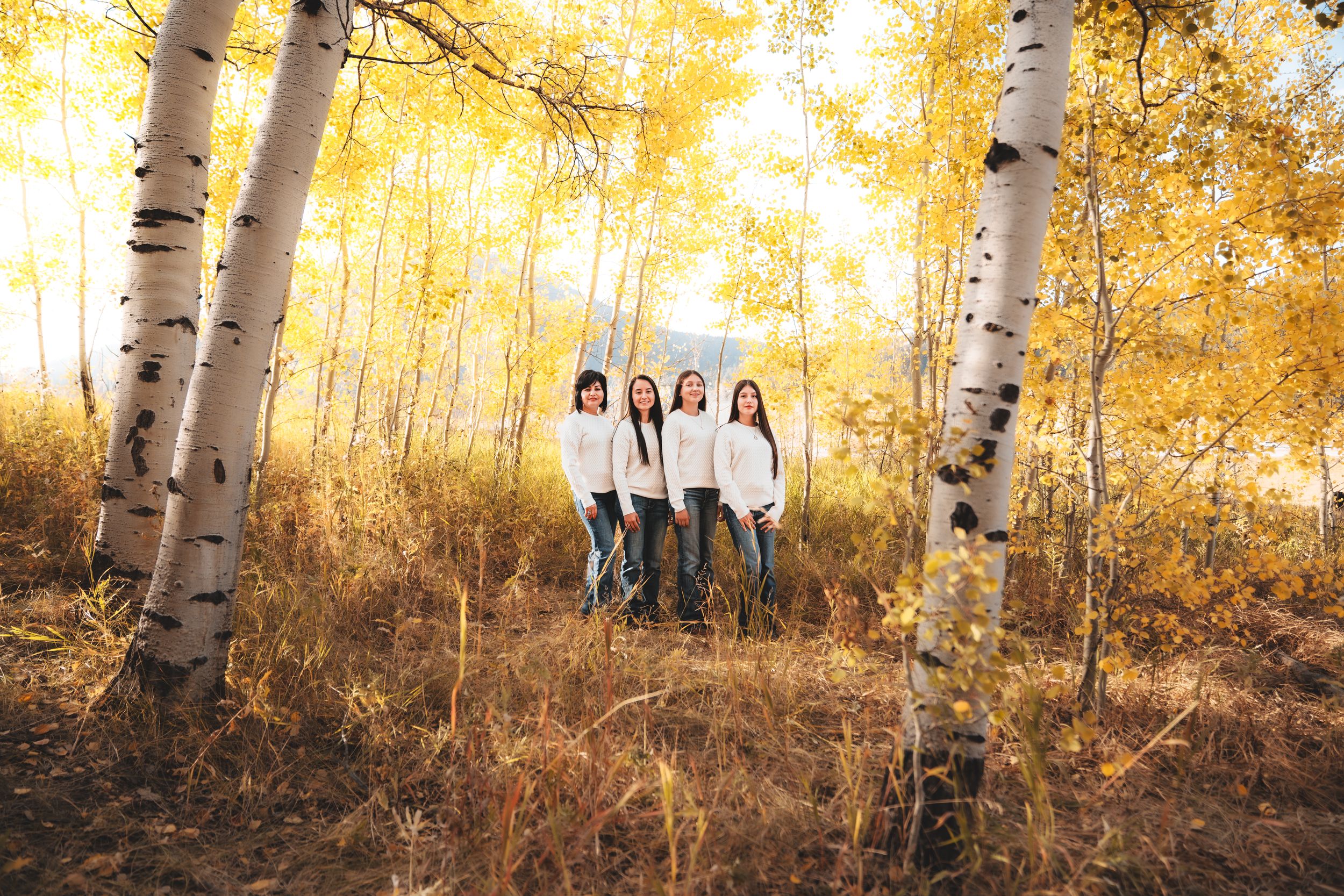 A family poses together in a golden aspen grove during autumn with sunlight filtering through the yellow leaves.
