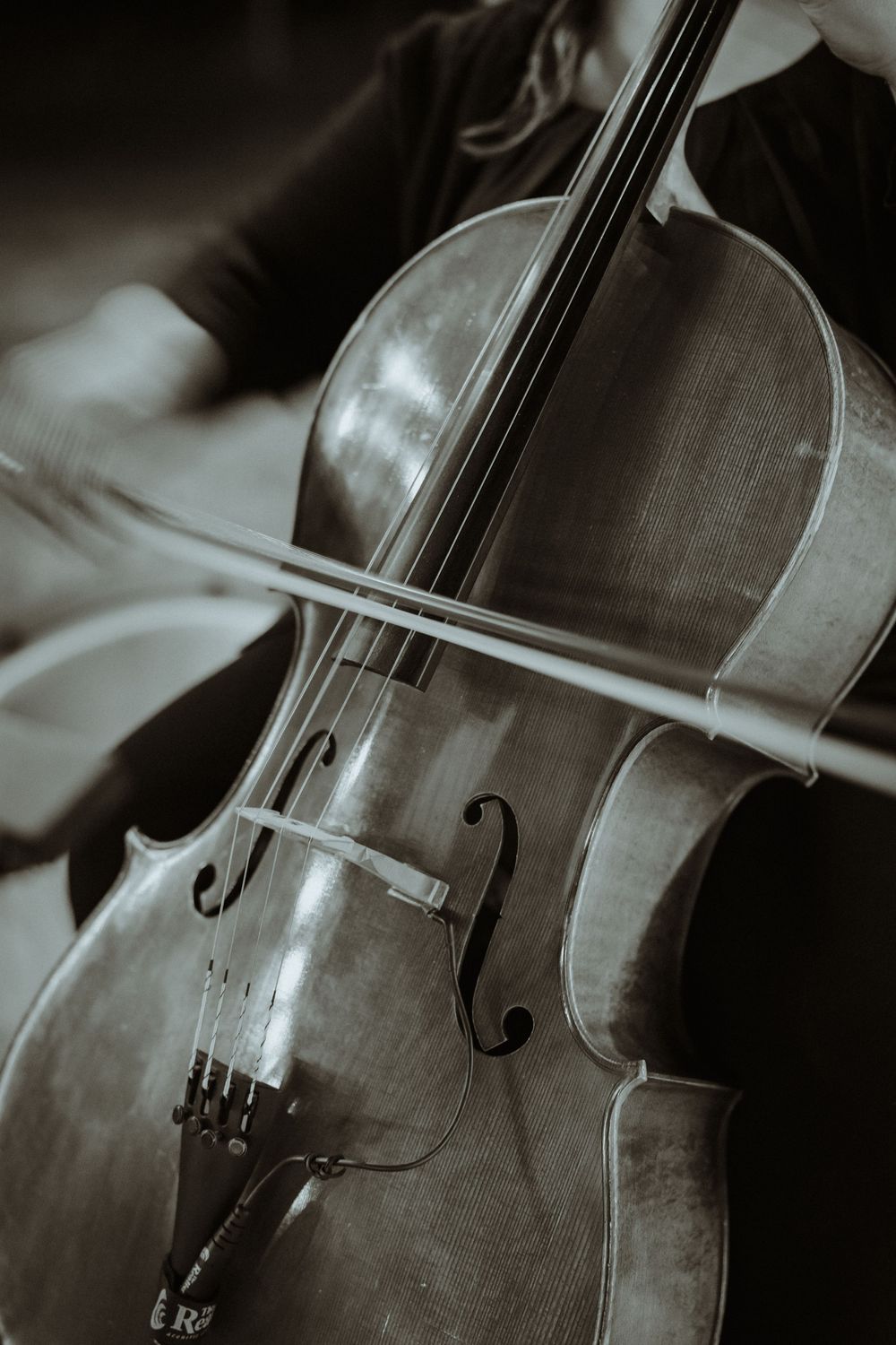 Detailed black and white close-up shots of a cello's body and strings.
