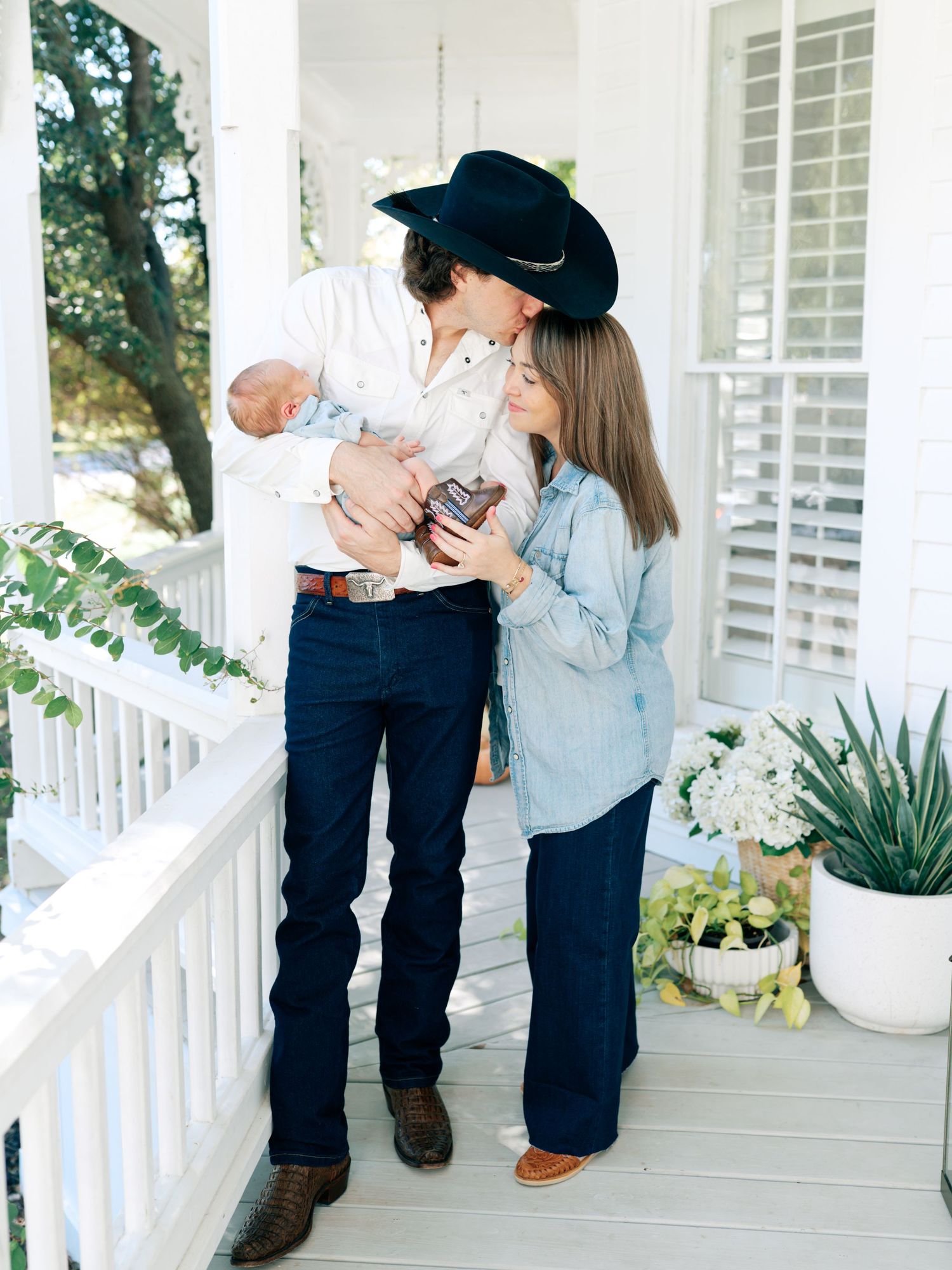A sweet family moment captured on a white porch with three connected photos showing loving interactions.