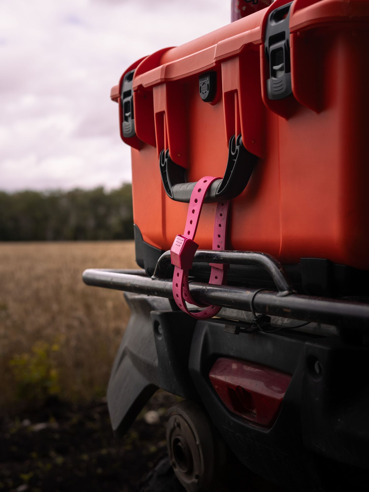 Close-up of red camera mounting equipment with black attachments.