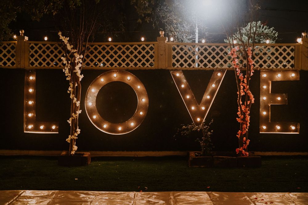 Large illuminated LOVE letters display with twinkle lights wrapped around trees at night.