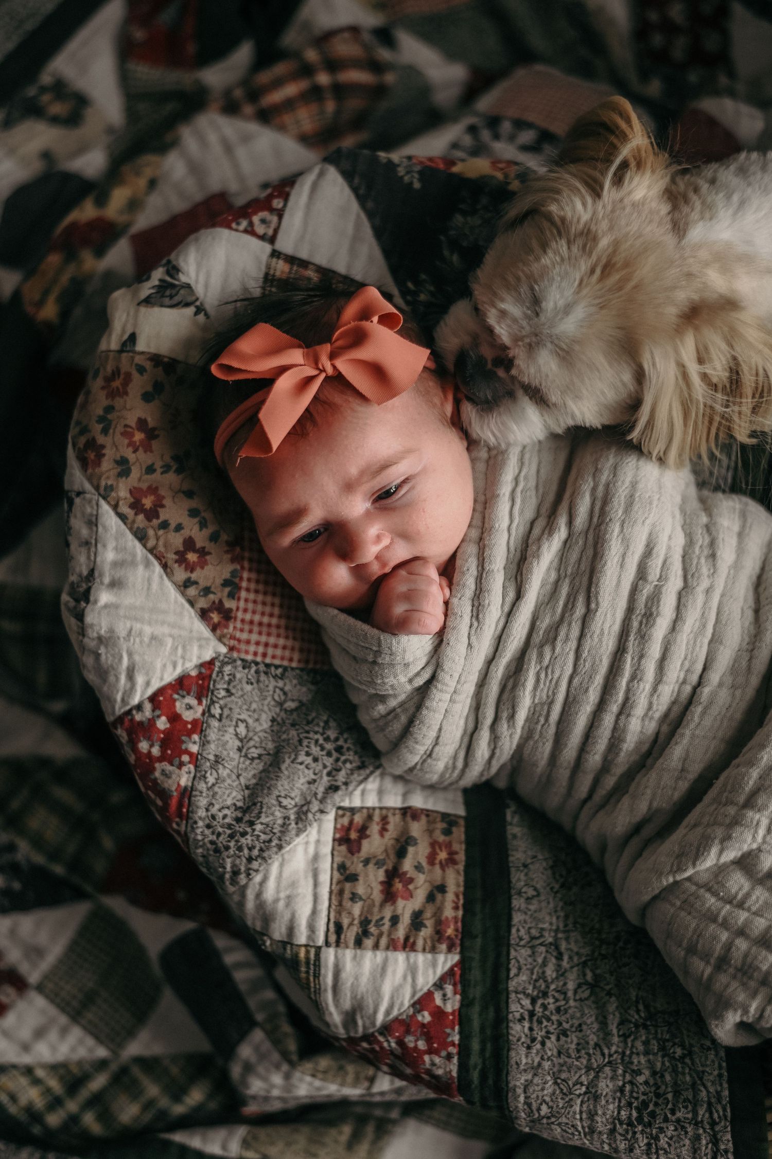 Sleeping baby wrapped in cozy gray knit blanket with vintage patchwork quilt and coral pink bow accessory.