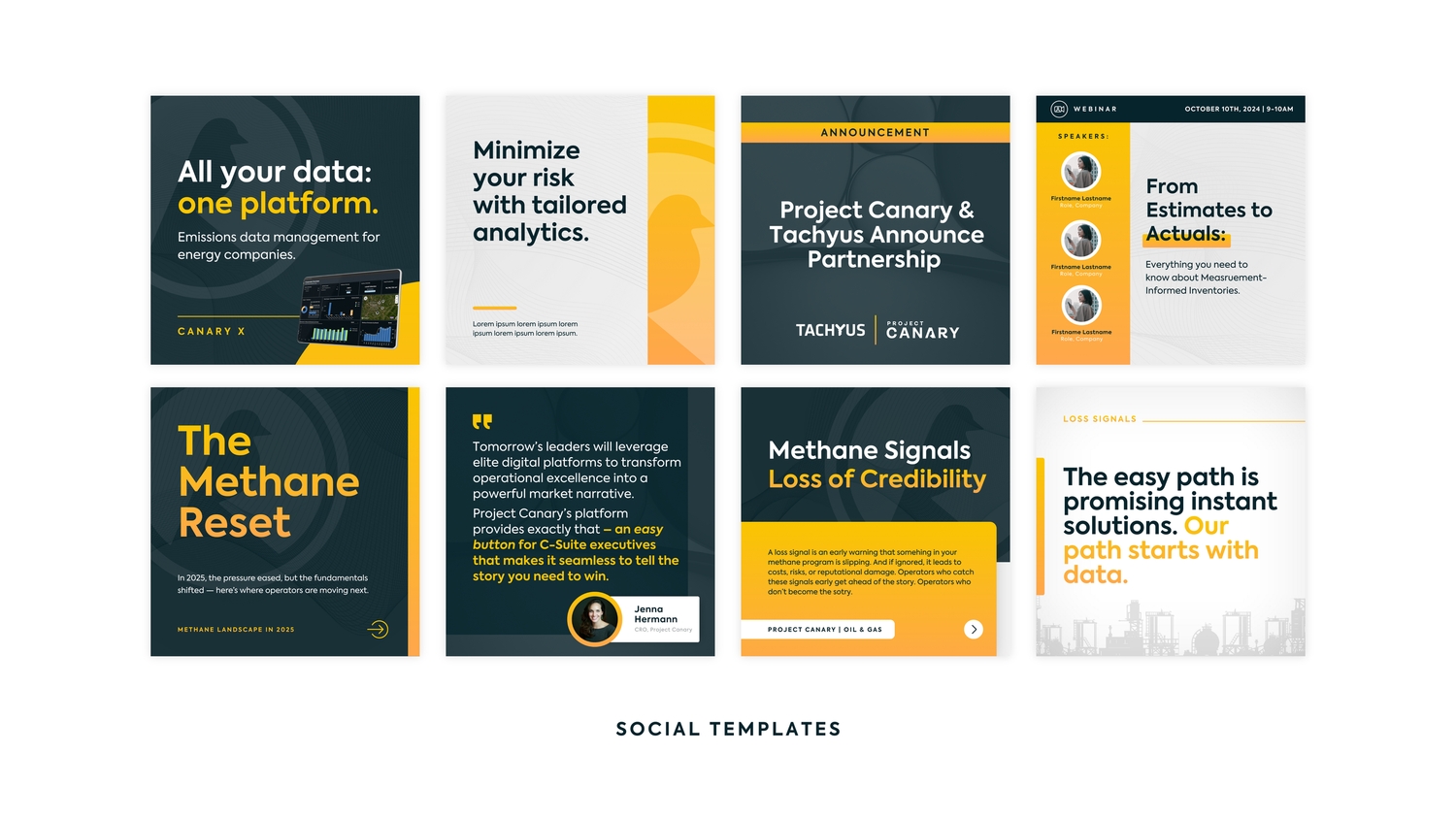 Collection of social media templates featuring yellow and dark blue color scheme with data-focused designs.