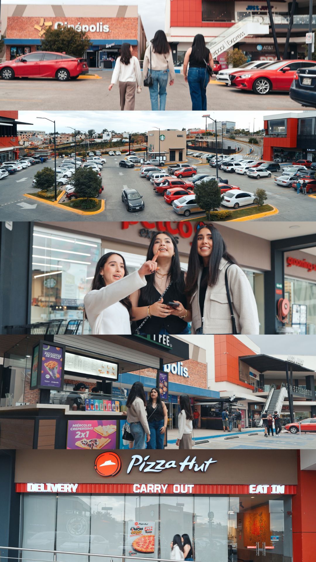 Friends visiting Pizza Hut restaurant with storefront and parking lot visible.