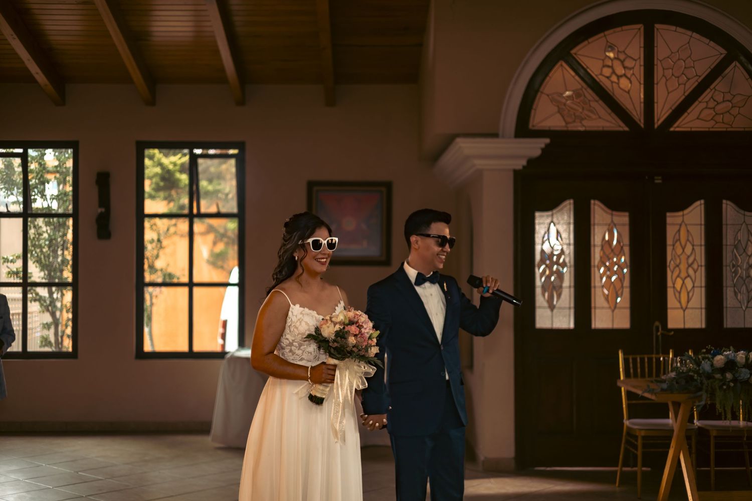 A wedding photo collage showing elegant venue details and romantic moments throughout the celebration.