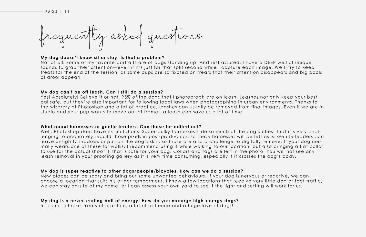 Text page displaying frequently asked questions about pet photography services.