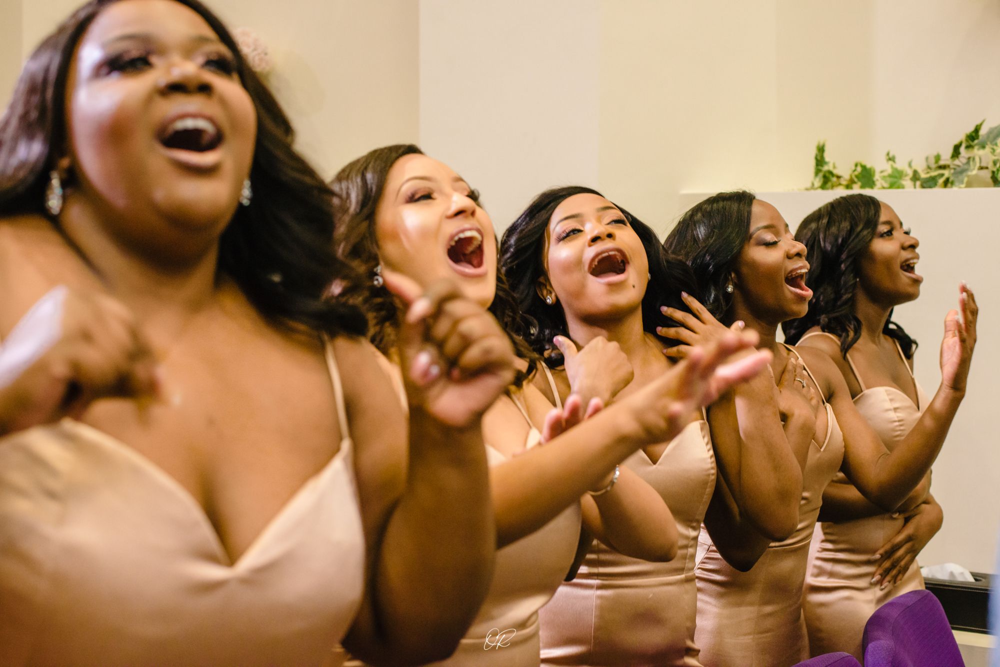 A row of bridesmaids in blush pink dresses laugh and celebrate joyfully during a wedding celebration.