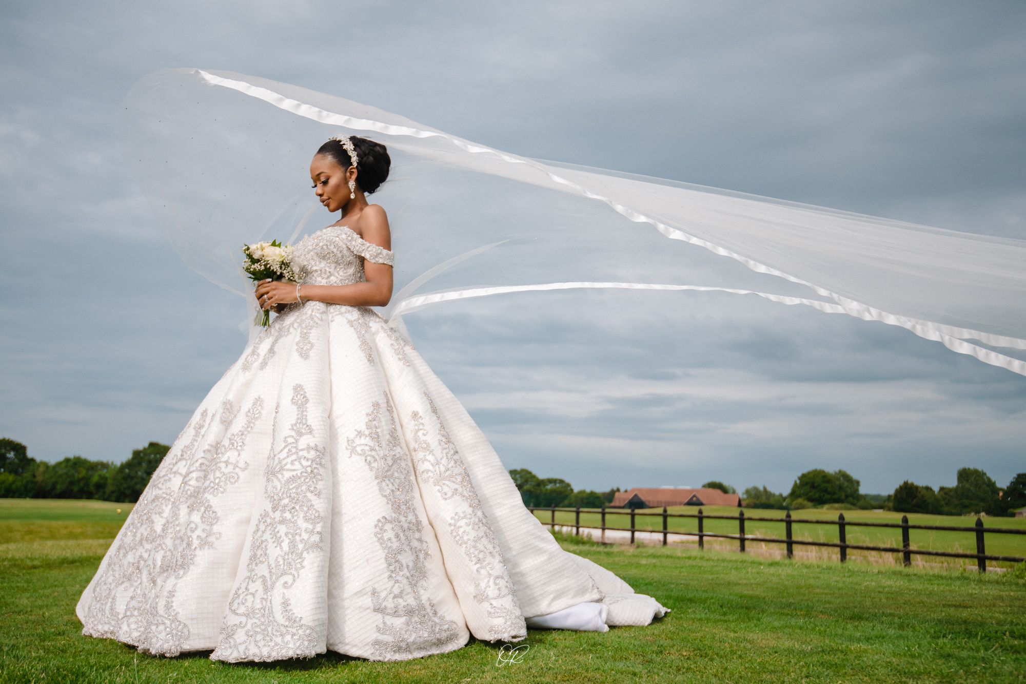 A person in an elegant white lace ball gown wedding dress holds a bouquet while standing in a green field under cloudy skies.